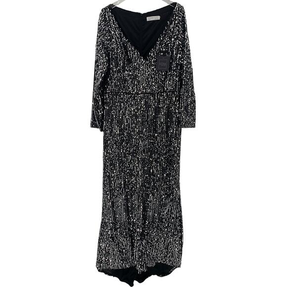 MAC DUGGAL Dress Size 16 Evening Gown Sequin NEW Black Silver V Neck Long Sleeve - Picture 4 of 7